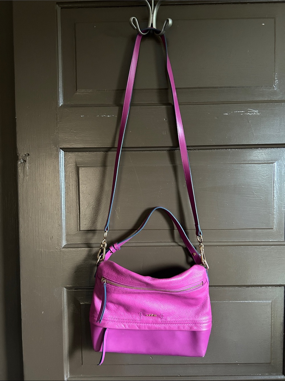 Lodis Pebbled Leather Shoulder Bag in Fuchsia Pink